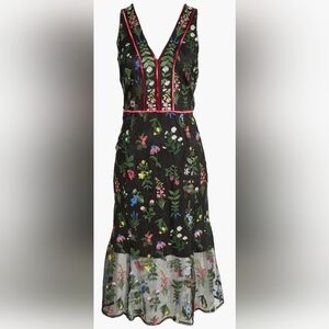 Sam Edelman Botanical Sheer Midi Dress Black with Floral Embroidery